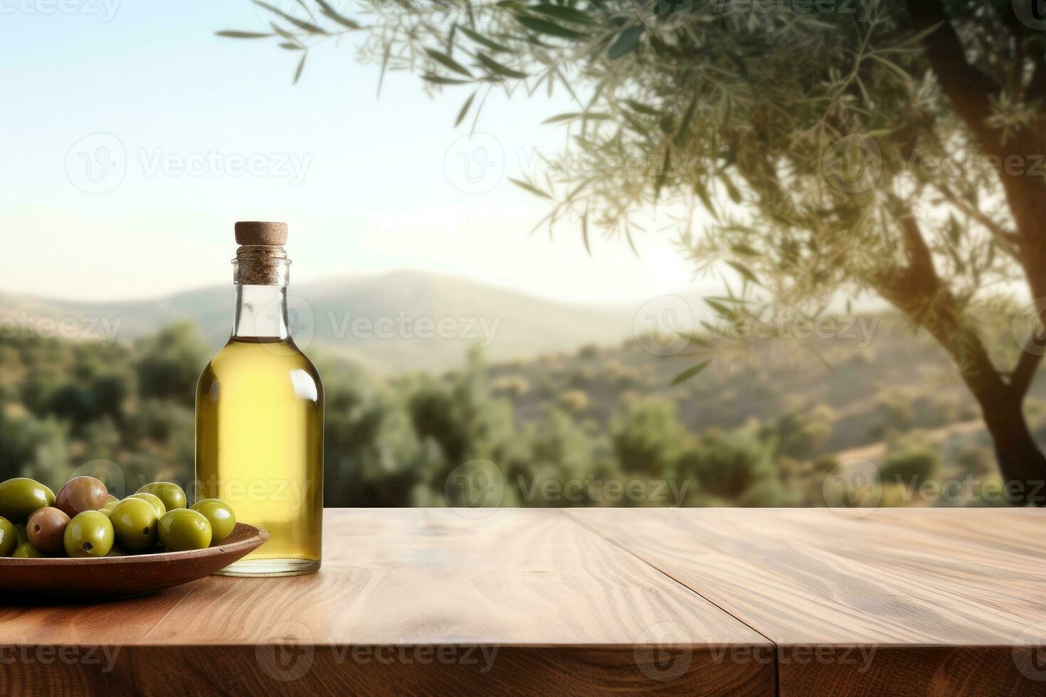 ai generiert leeren hölzern Tabelle mit Oliven und ein Flasche von Olive Öl. natürlich Podium, Hintergrund geeignet zum Produkte Präsentation foto