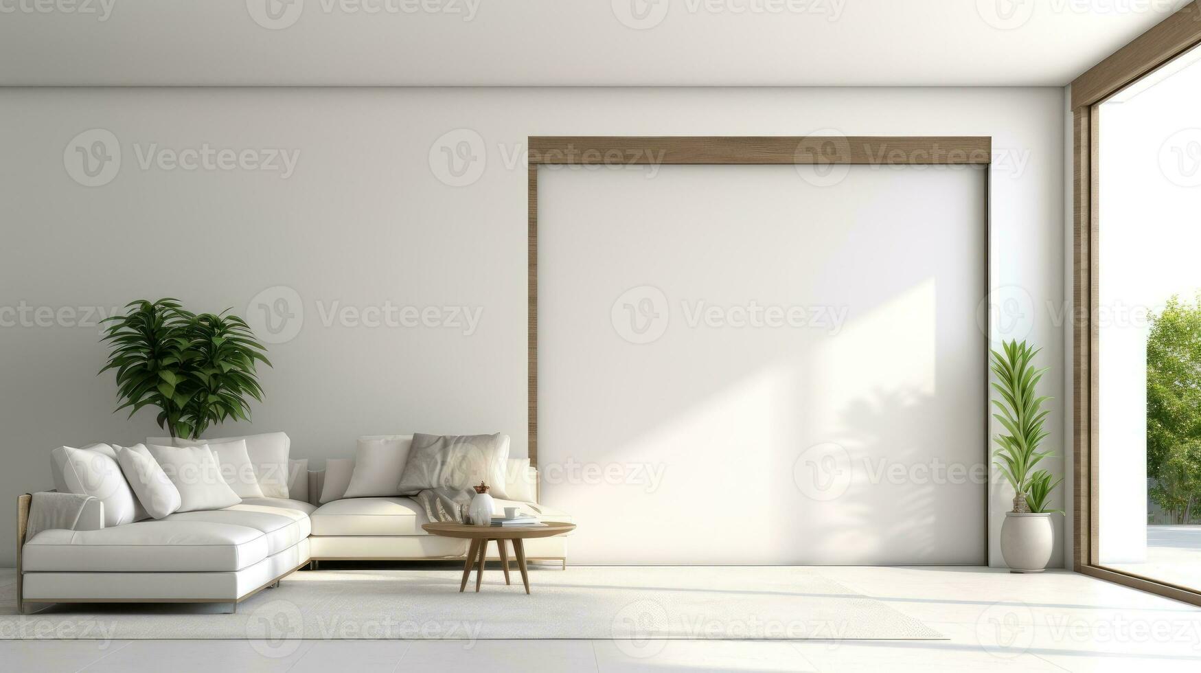 ai generiert Weiß minimalistisch Leben Zimmer Innere mit Sofa. skandinavisch Innere Poster spotten oben foto