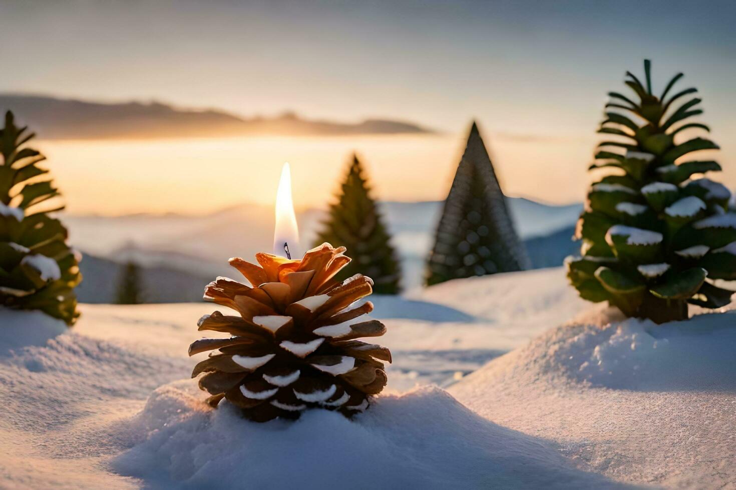 ai generiert Kerzen und Kiefer Zapfen auf das Schnee beim Sonnenuntergang foto