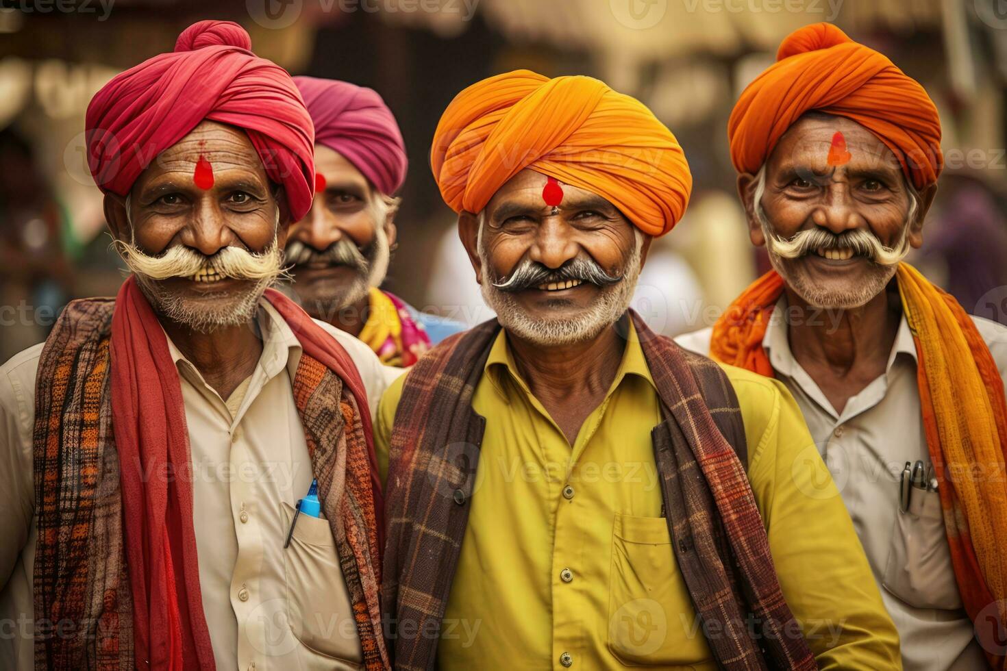 ein Gruppe von fünf älter Männer im Indien tragen bunt Kleidung und unverwechselbar Gesichts- Haar, eine solche wie groß Koteletten und ein Turban. foto