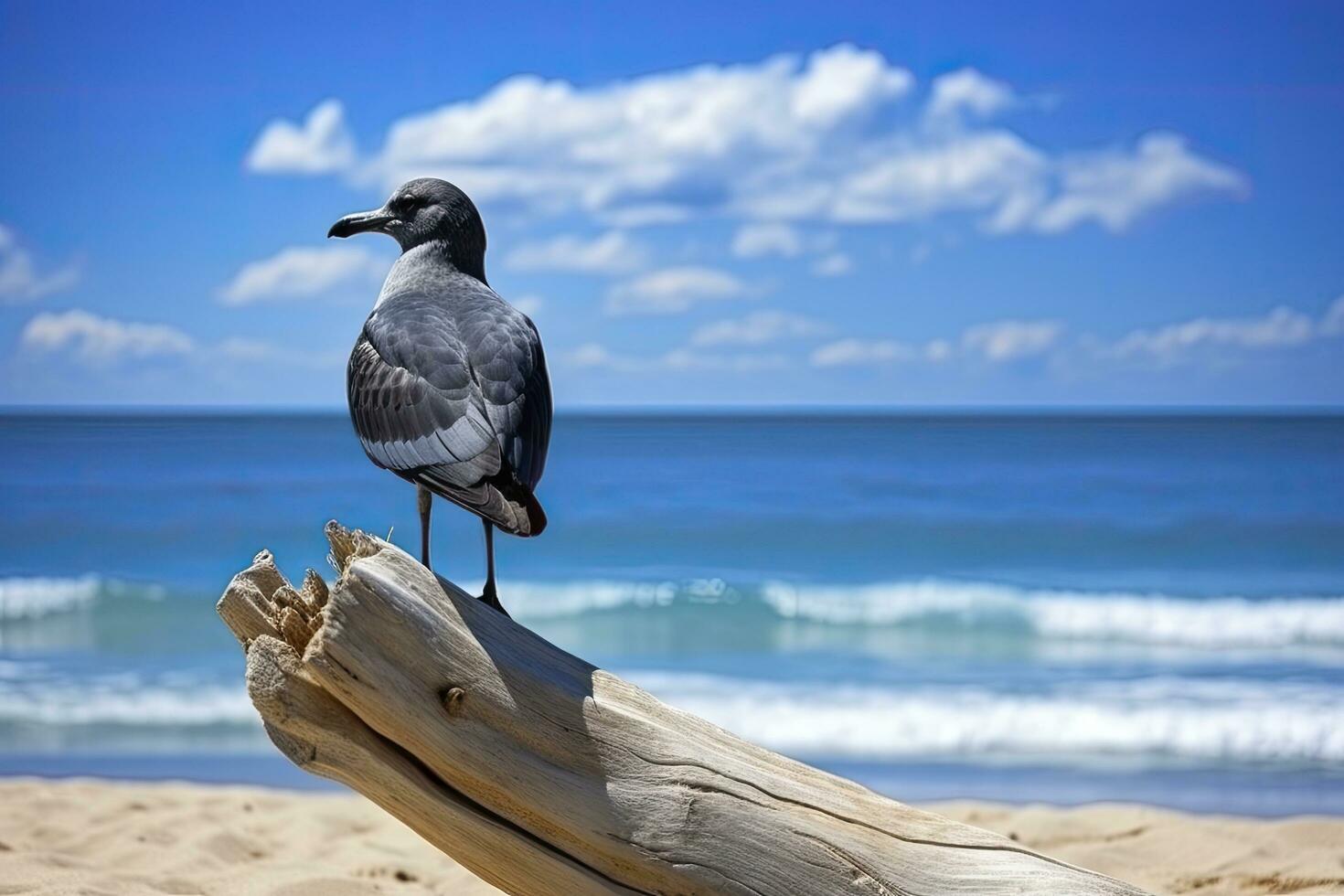 ai generiert Möwe auf das Strand unter Blau Himmel. foto