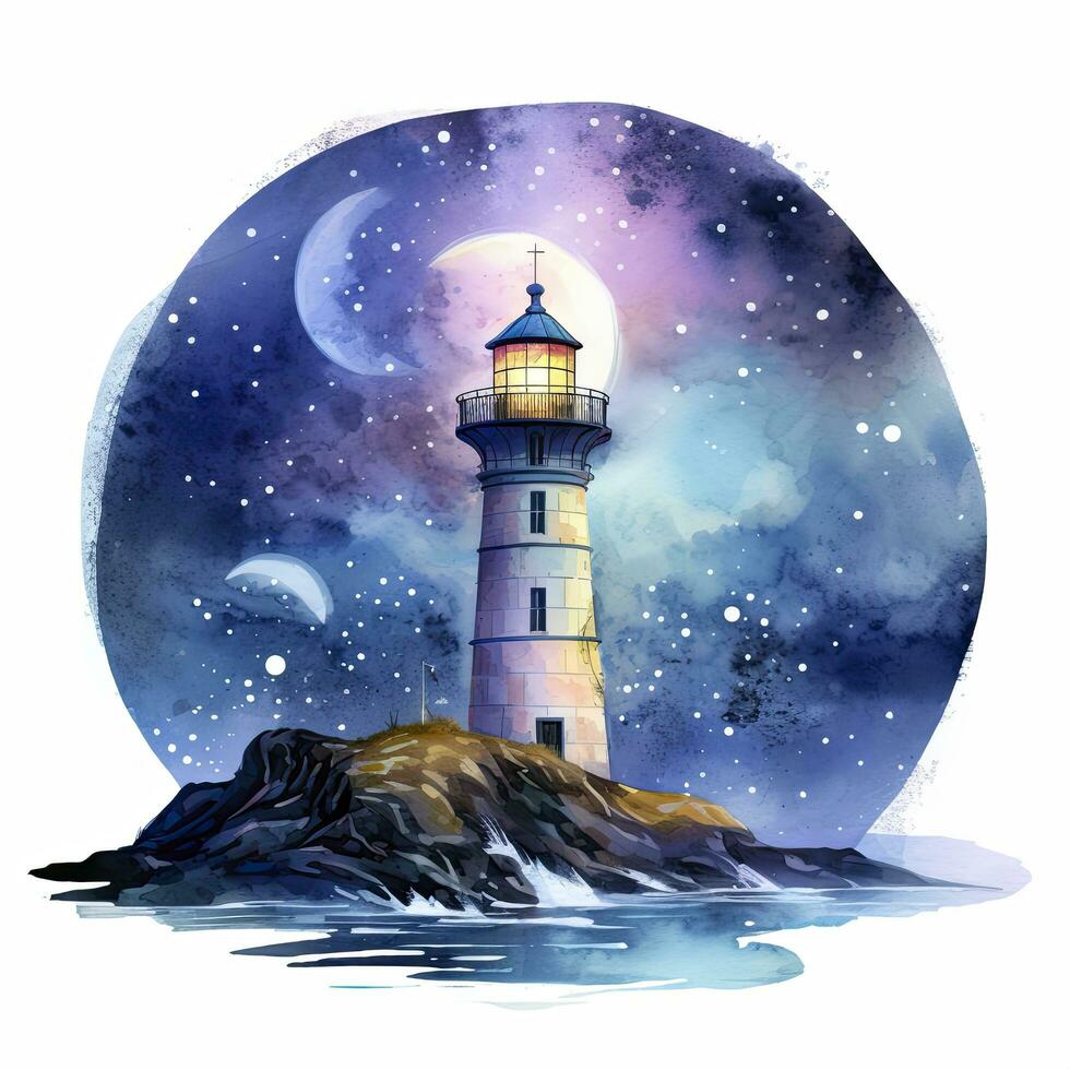 ai generiert Leuchtturm neben das Meer beim Nacht. Aquarell zum T-Shirt Design. ai generiert foto