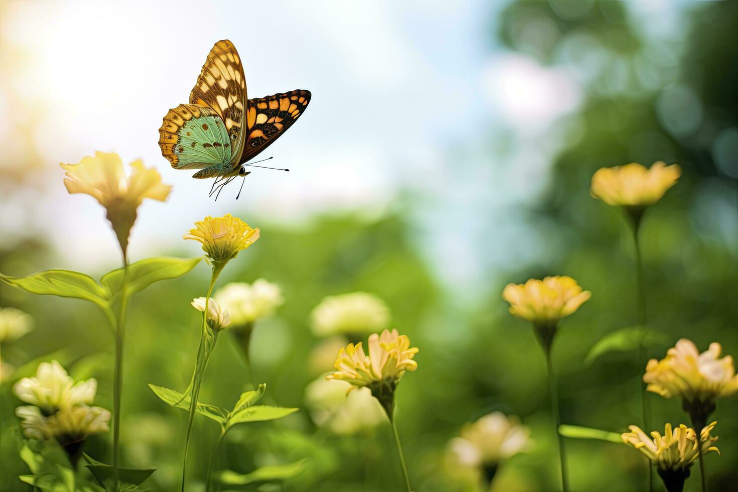 ai generiert Schmetterling fliegend Über das Wiese. ai generiert foto