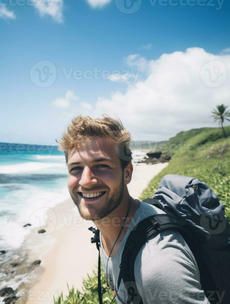 ai generiert ein fotografieren von Reisender oder Rucksacktourist im das Strand mit ein viele Stil und viele Winkel foto