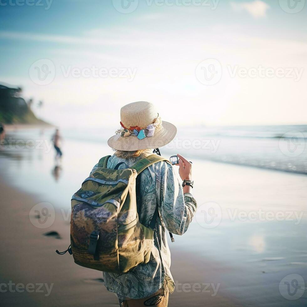 ai generiert ein fotografieren von Reisender oder Rucksacktourist im das Strand mit ein viele Stil und viele Winkel foto