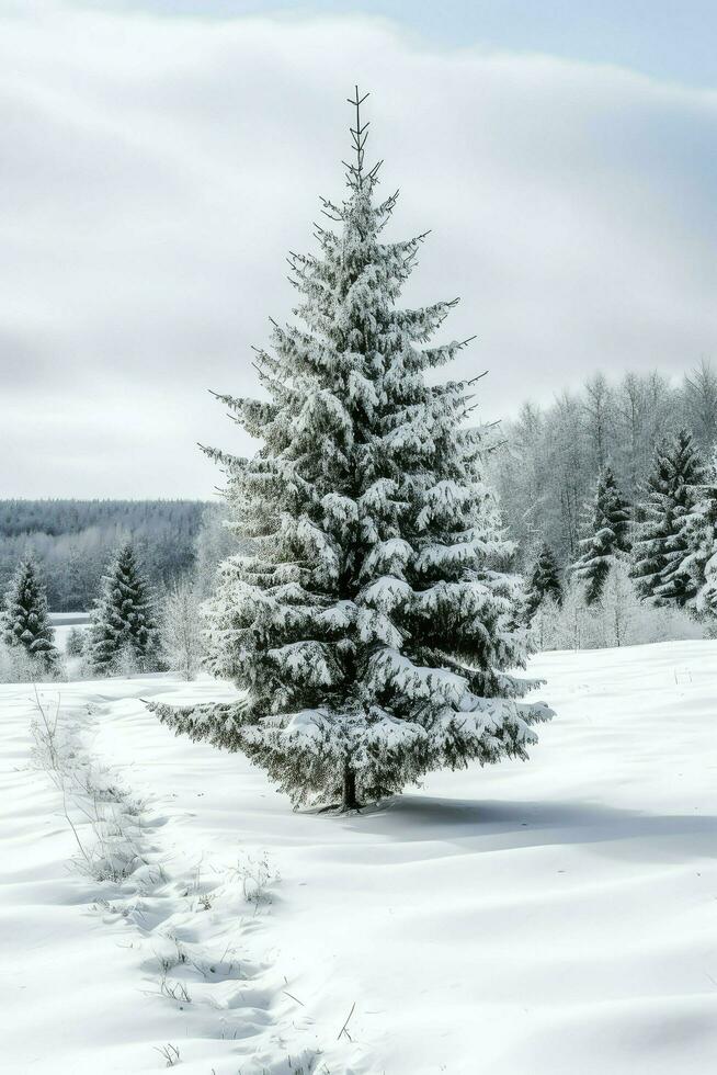 Kiefer Bäume oder dekoriert Weihnachten Baum bedeckt durch Schnee auf schön Winter. Weihnachten Thema draußen durch ai generiert foto