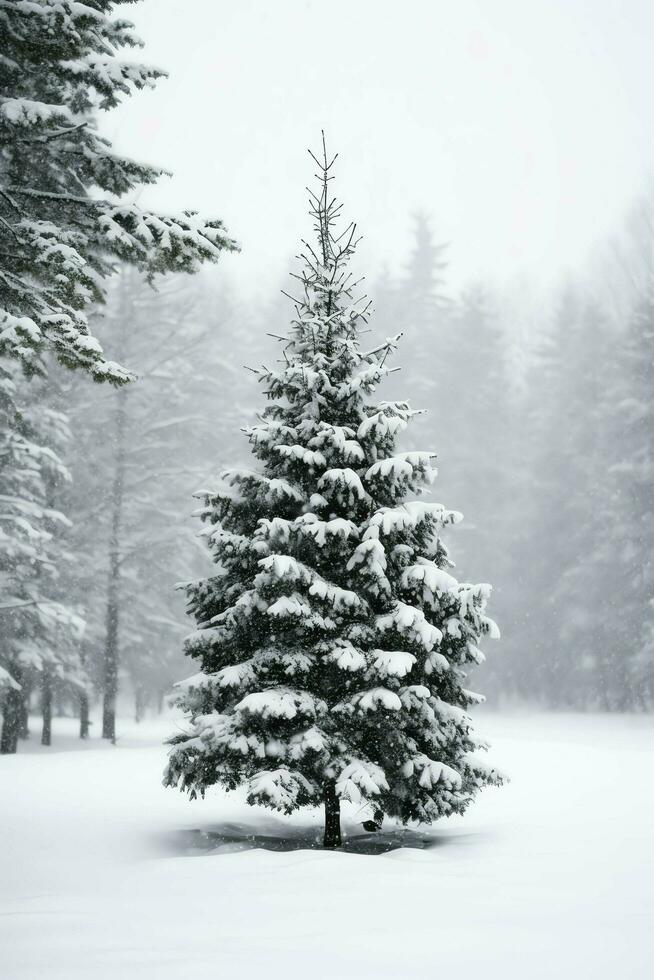 Kiefer Bäume oder dekoriert Weihnachten Baum bedeckt durch Schnee auf schön Winter. Weihnachten Thema draußen durch ai generiert foto