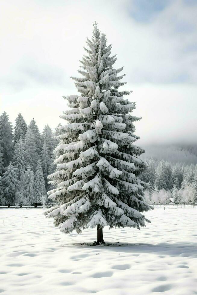 Kiefer Bäume oder dekoriert Weihnachten Baum bedeckt durch Schnee auf schön Winter. Weihnachten Thema draußen durch ai generiert foto