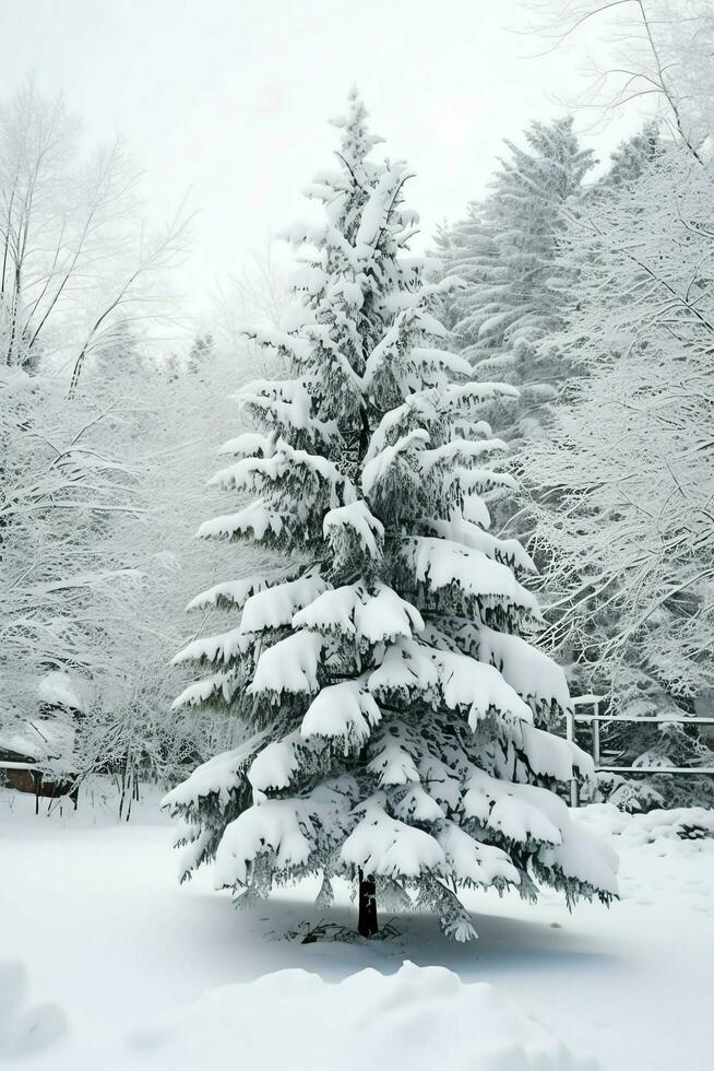 Kiefer Bäume oder dekoriert Weihnachten Baum bedeckt durch Schnee auf schön Winter. Weihnachten Thema draußen durch ai generiert foto