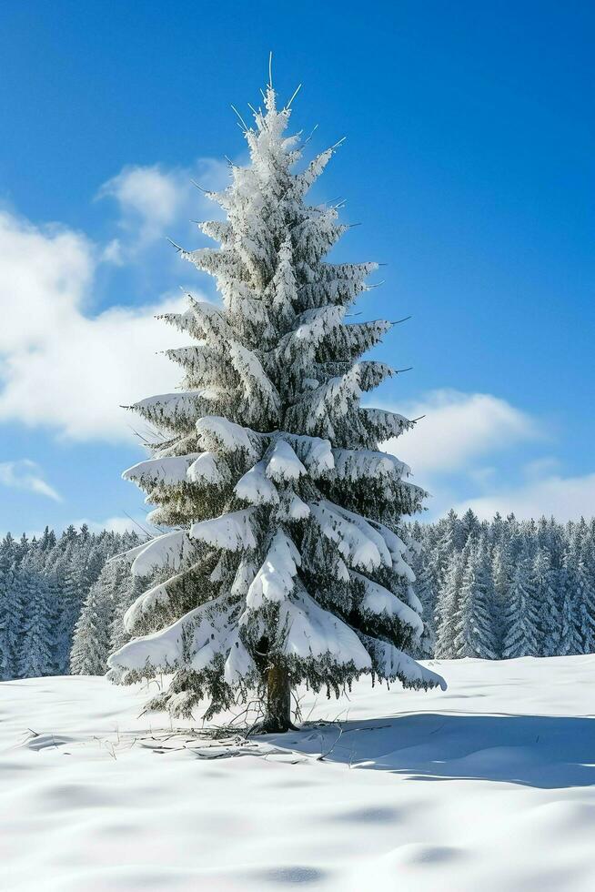 Kiefer Bäume oder dekoriert Weihnachten Baum bedeckt durch Schnee auf schön Winter. Weihnachten Thema draußen durch ai generiert foto