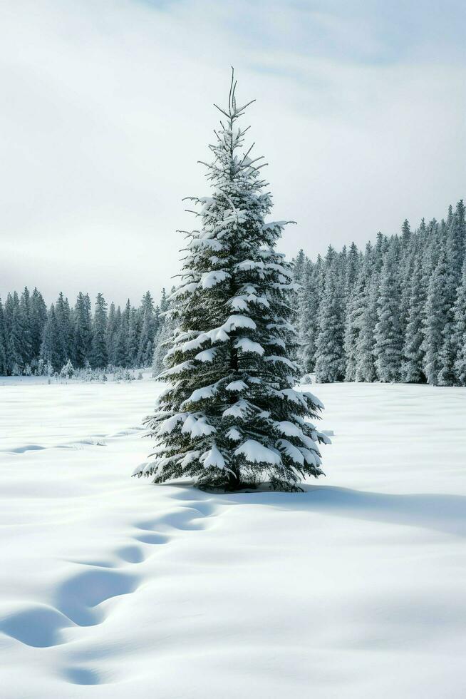 Kiefer Bäume oder dekoriert Weihnachten Baum bedeckt durch Schnee auf schön Winter. Weihnachten Thema draußen durch ai generiert foto