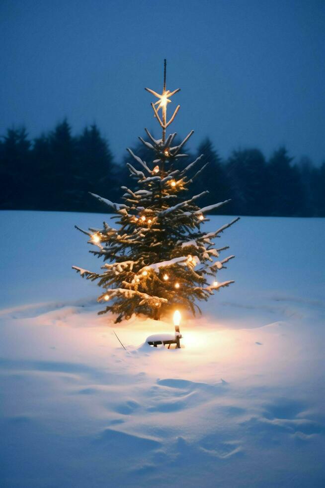 Kiefer Bäume oder dekoriert Weihnachten Baum bedeckt durch Schnee auf schön Winter. Weihnachten Thema draußen durch ai generiert foto