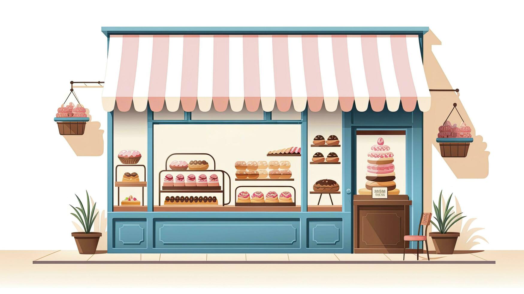 ai generiert charmant Bäckerei Schaufenster Illustration - - minimalistisch Design mit angezeigt Gebäck foto