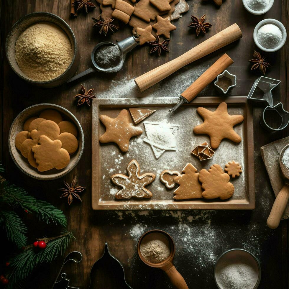 eben legen von Kochen hausgemacht Weihnachten Backen Zutaten oder Lebkuchen Kekse platziert auf Tabelle Konzept durch ai generiert foto