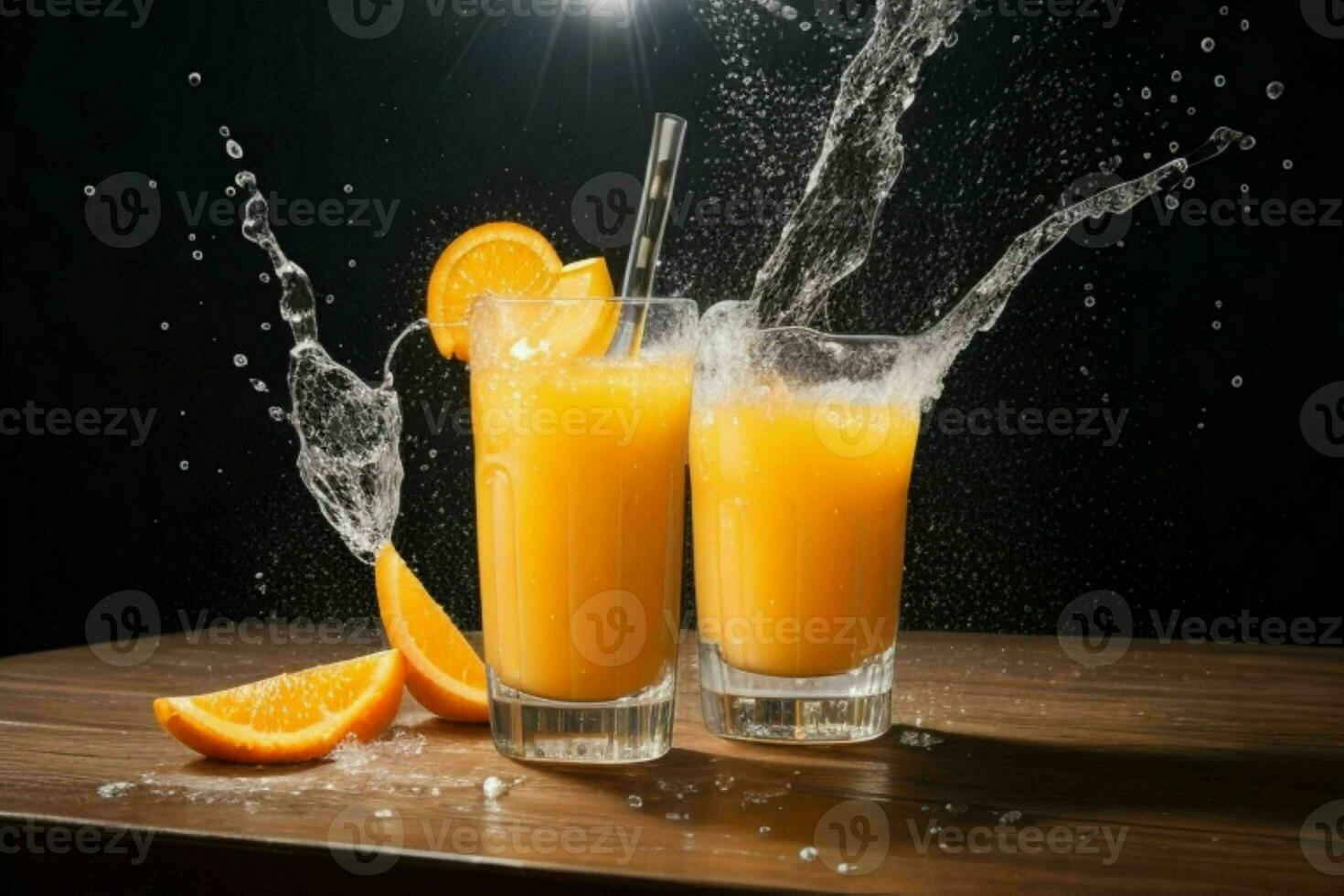 ai generiert Orange Saft Spritzen mit Eis Würfel. Profi Foto