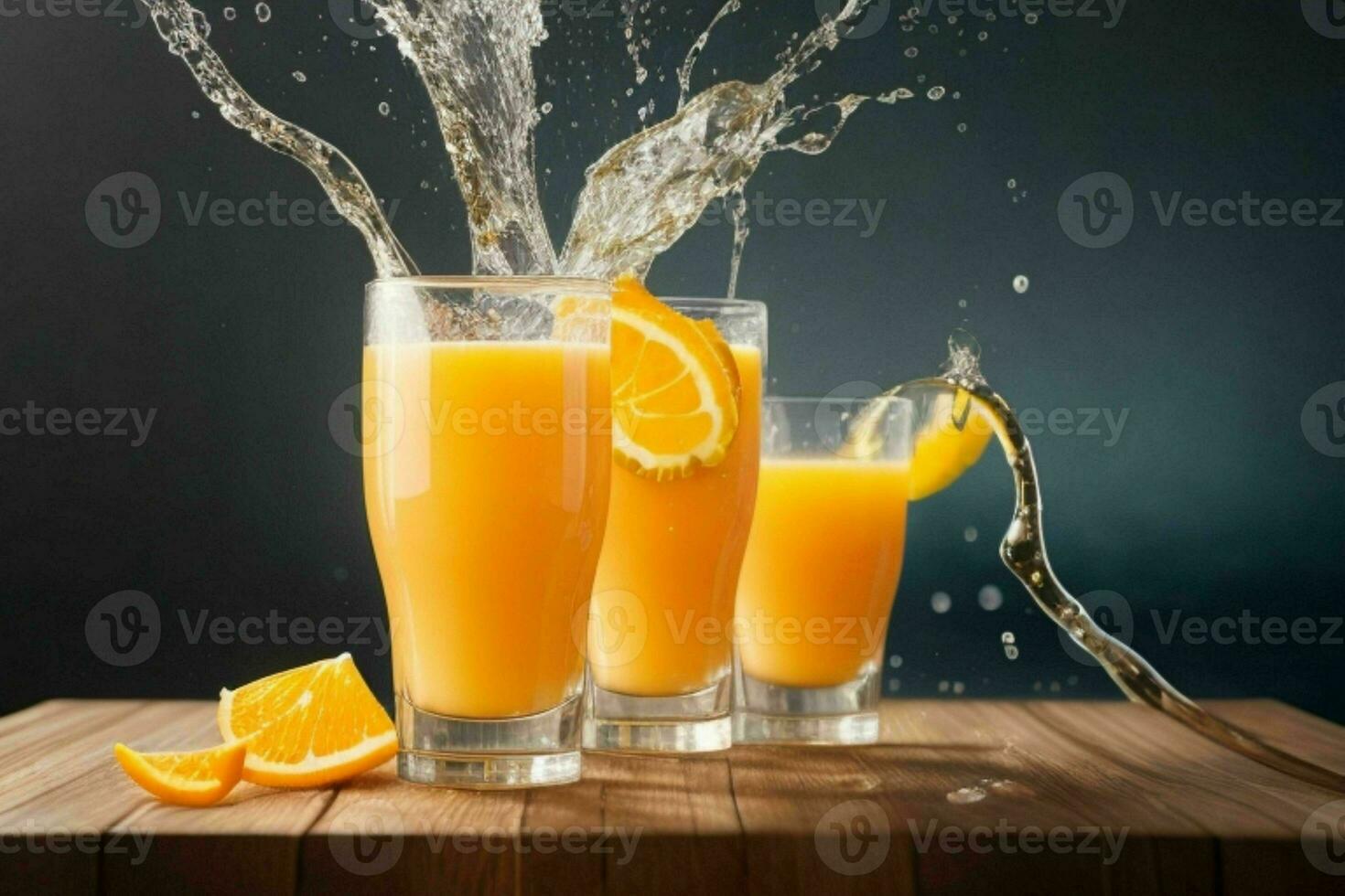 ai generiert Orange Saft Spritzen mit Eis Würfel. Profi Foto