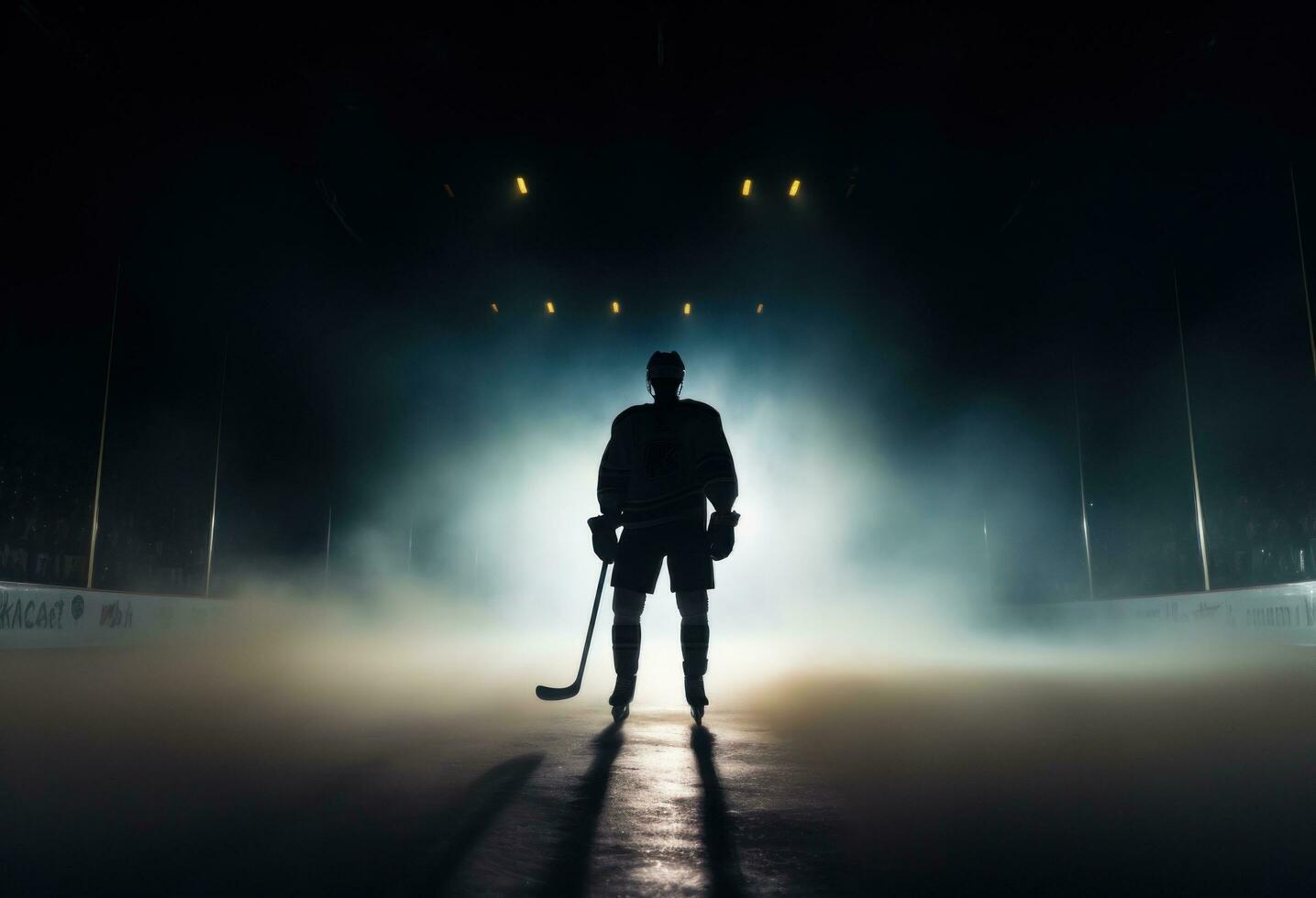 ai generiert Silhouette von ein Eishockey Spieler Silhouette ist gezeigt gegen ein Blau Hintergrund foto