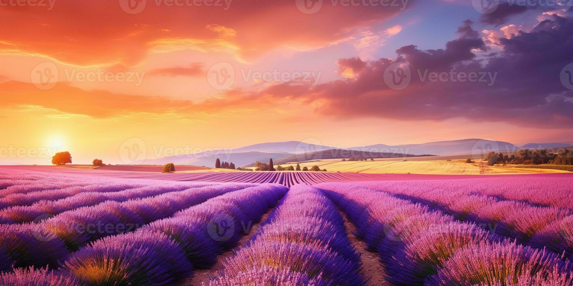 ai generiert wunderbar Landschaft tolle Sommer- Landschaft von Blühen Lavendel Blumen foto