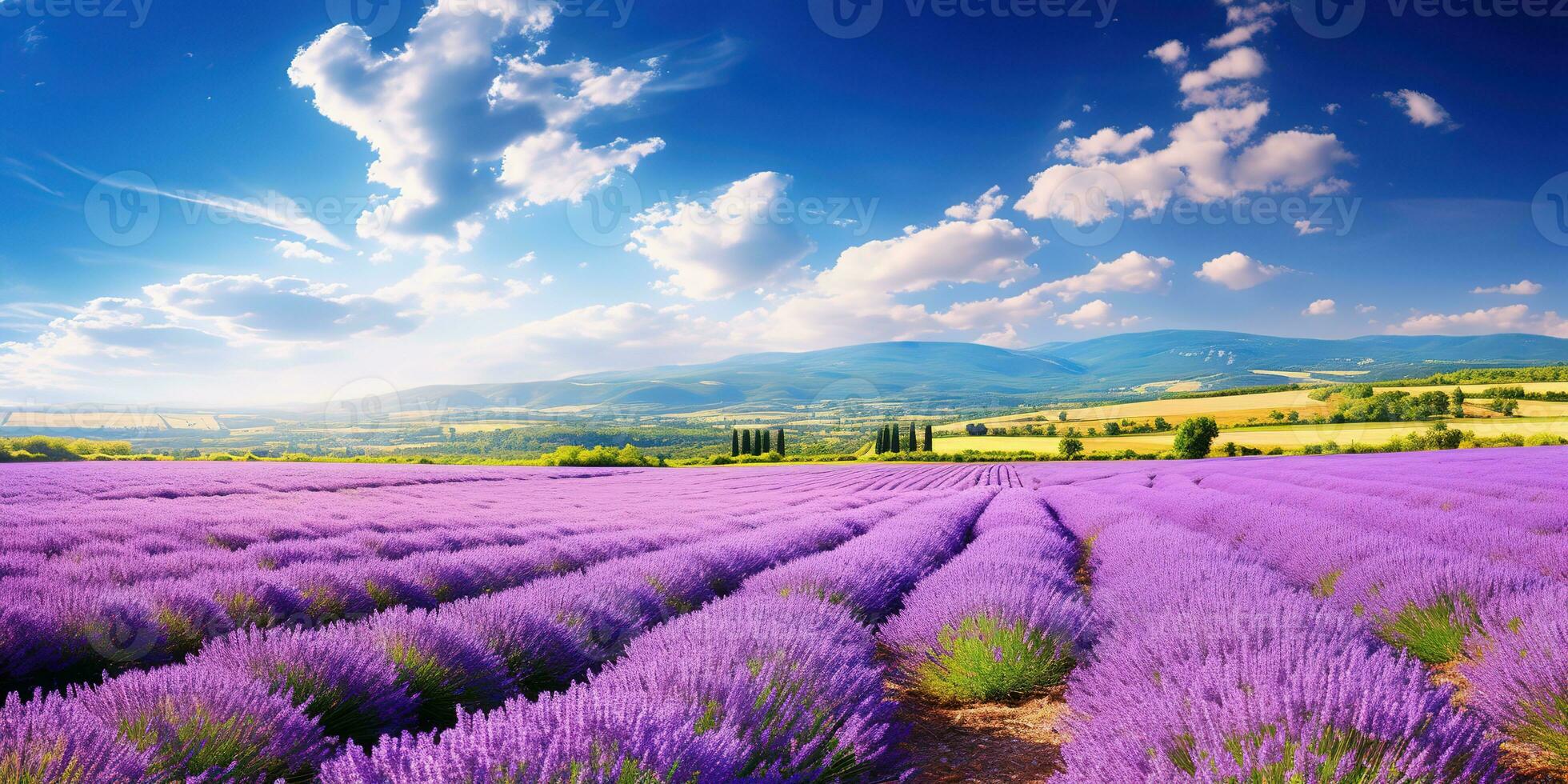 ai generiert wunderbar Landschaft tolle Sommer- Landschaft von Blühen Lavendel Blumen foto