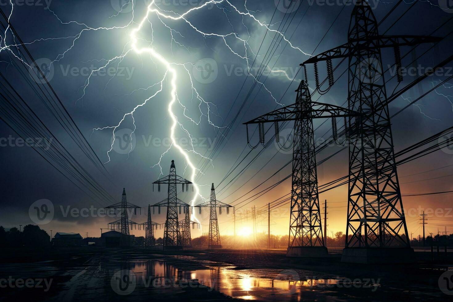 ai generiert Bild von heftig Platzregen, Sturm mit Blitz und düster Himmel über elektrisch Towers.by generativ ai foto