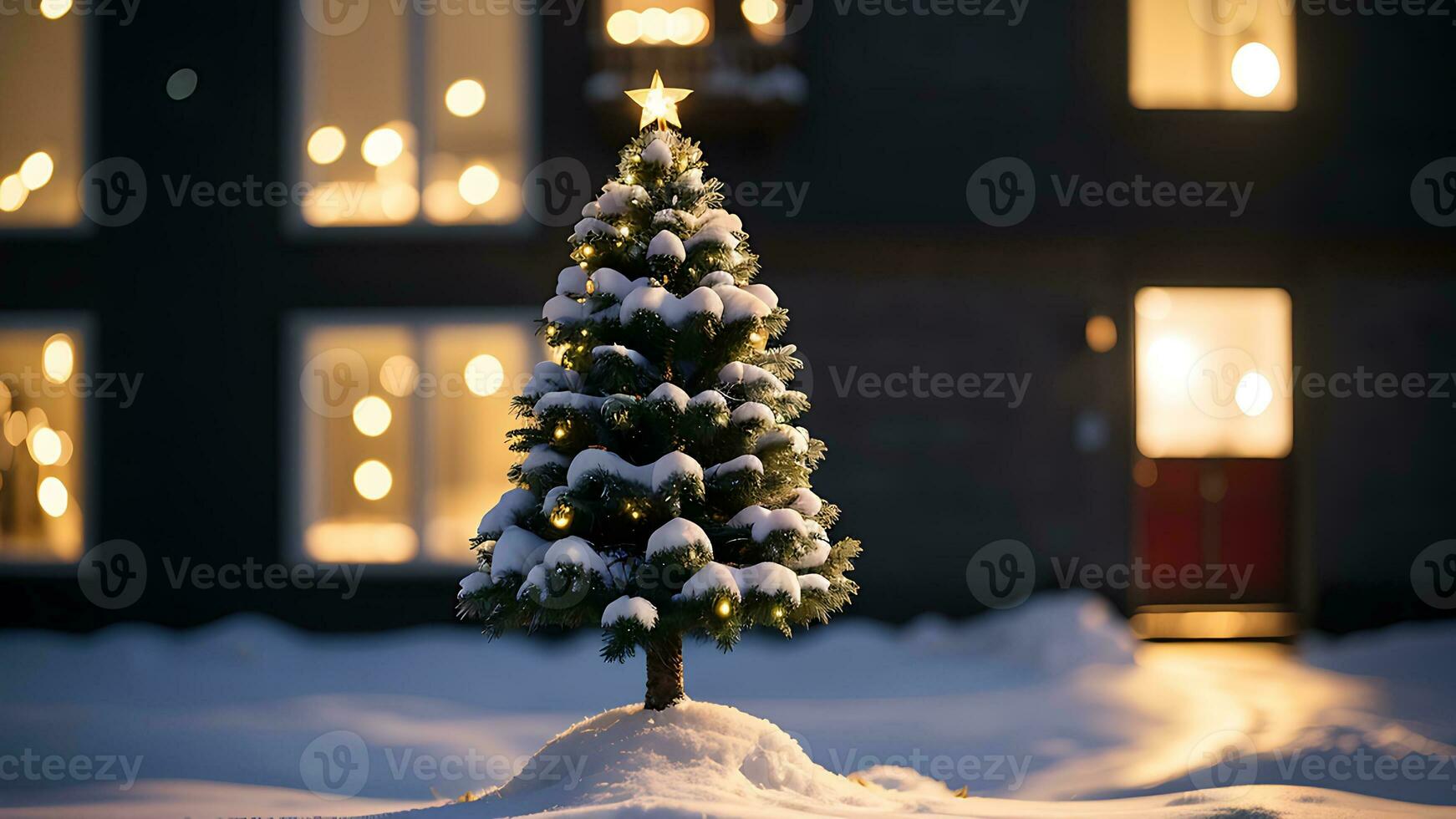 ai generiert Weihnachten Hintergrund. Weihnachten Baum mit Dekorationen beim Nacht foto