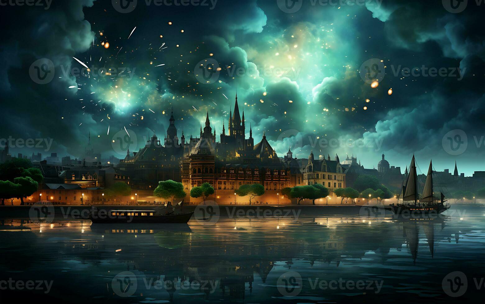 ai generiert st. Patrick's Tag Feierlichkeiten Licht oben das Himmel mit Feuerwerk und ein spektakulär Nacht Szene foto