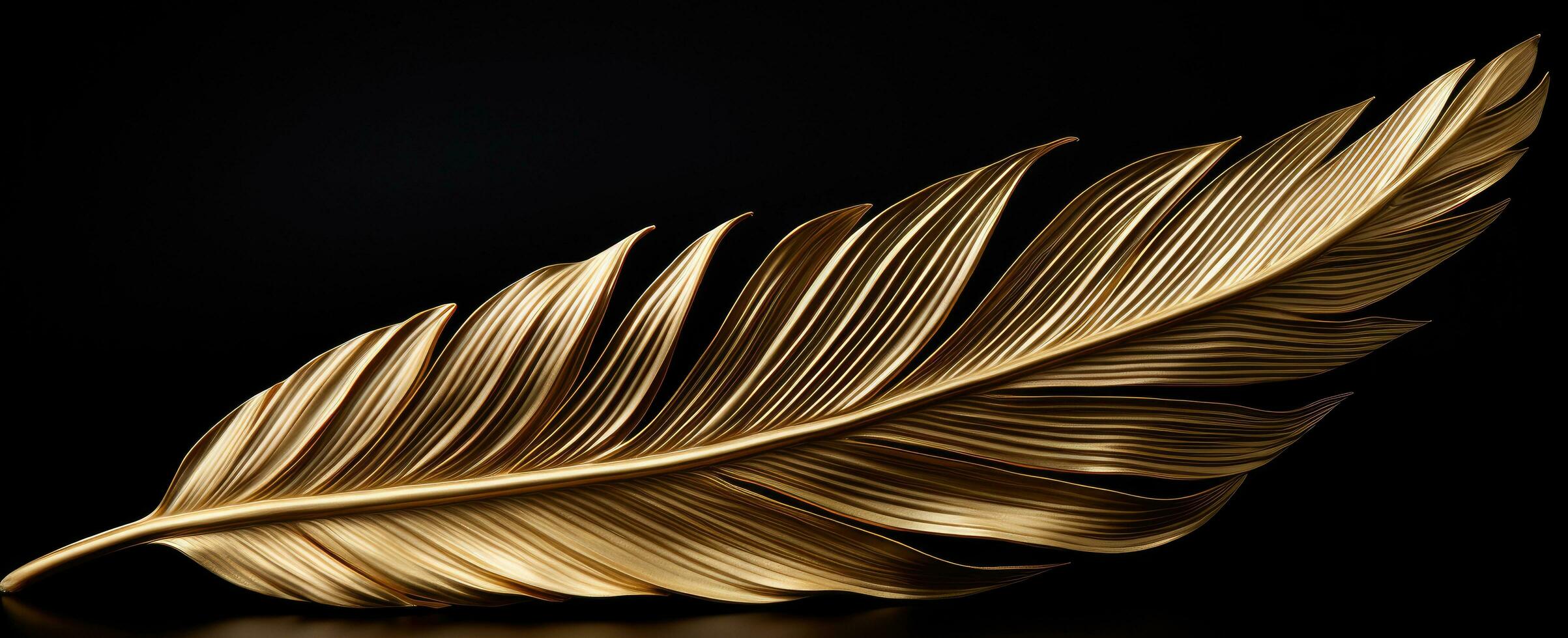 ai generiert ein Gold Palme Blatt ist gesehen gegen ein schwarz Hintergrund foto