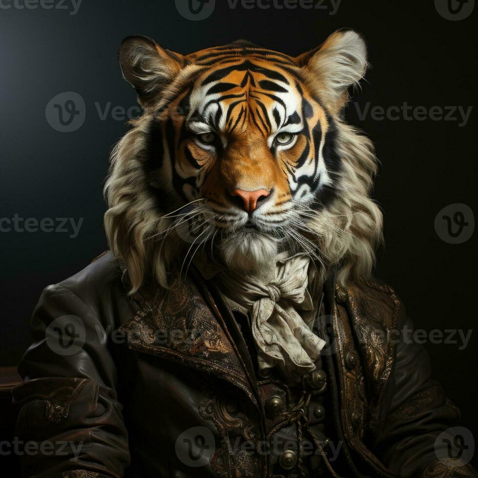 ai generiert realistisch Tier Bild Tiger im Mann passen suchen beim Kamera beim Nacht im Farbe Mantel generativ ai foto