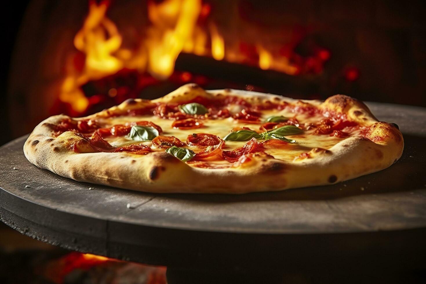 ai generiert frisch gebacken Pizza Nahaufnahme, traditionell Holz gefeuert Ofen Hintergrund. ai generiert foto