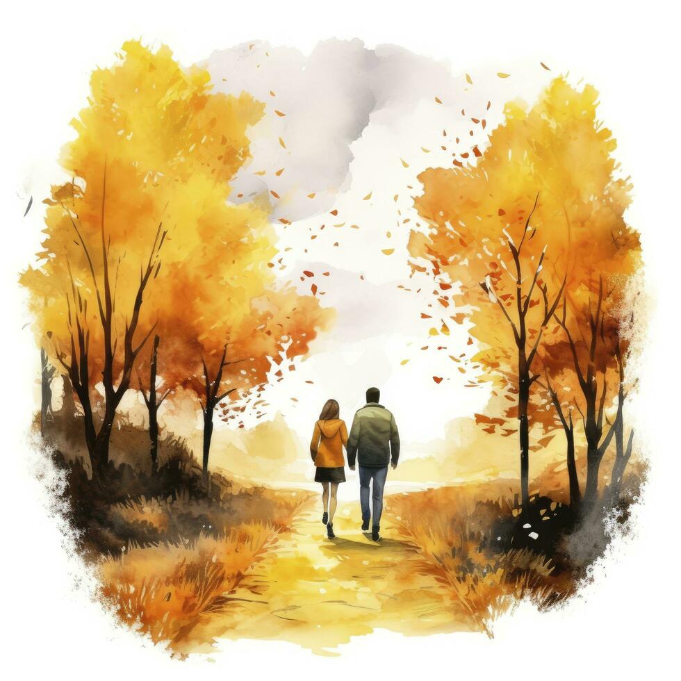 ai generiert Aquarell Herbst Landschaft mit ein Paar gehen. ai generiert foto