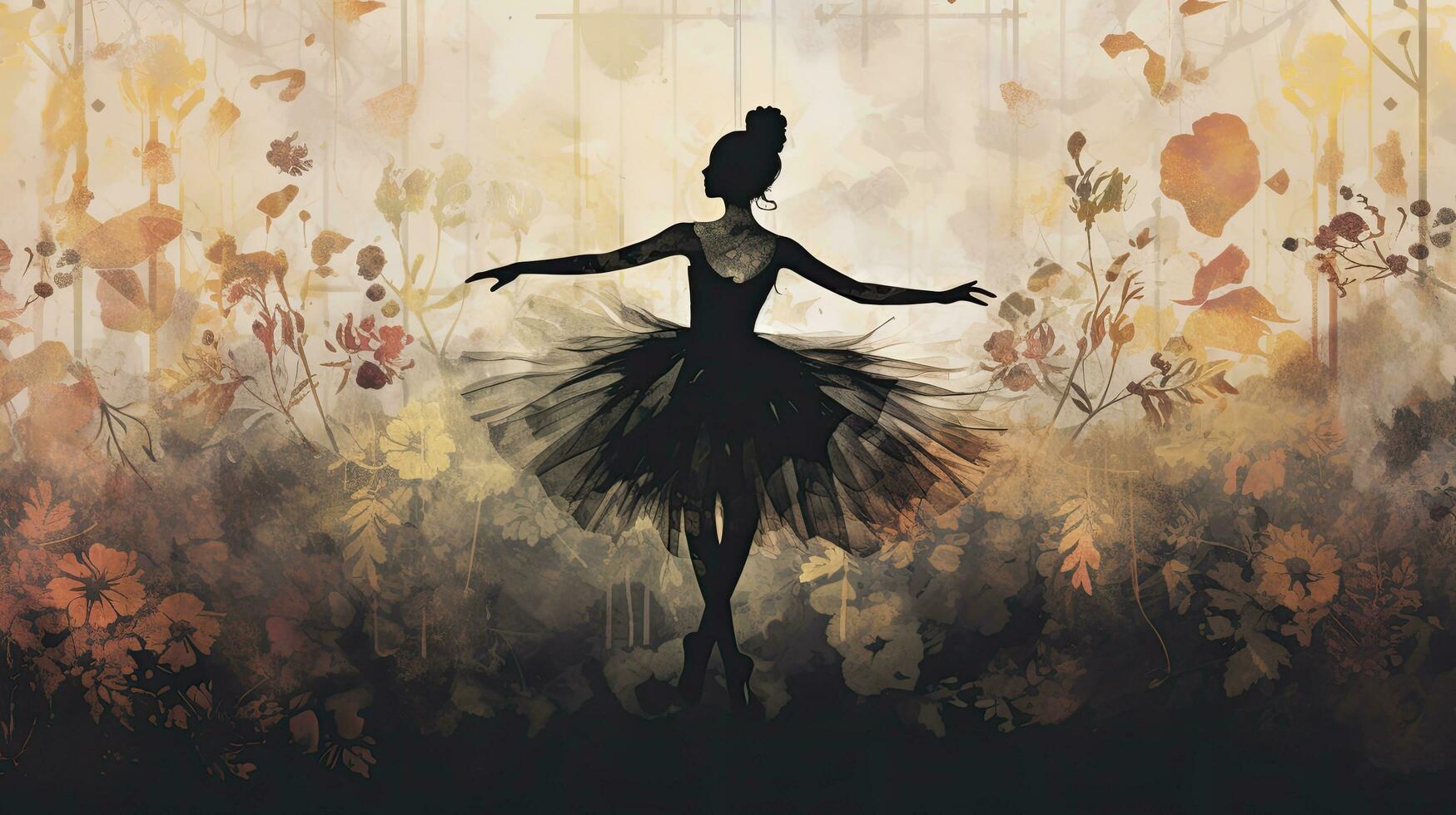 ai generiert dunkel Farbe Jahrgang texturiert Ballerina Silhouette mit Pflanze und Blumen- Elemente wie ein Hintergrund zum das Innere Kunst Zeichnung foto