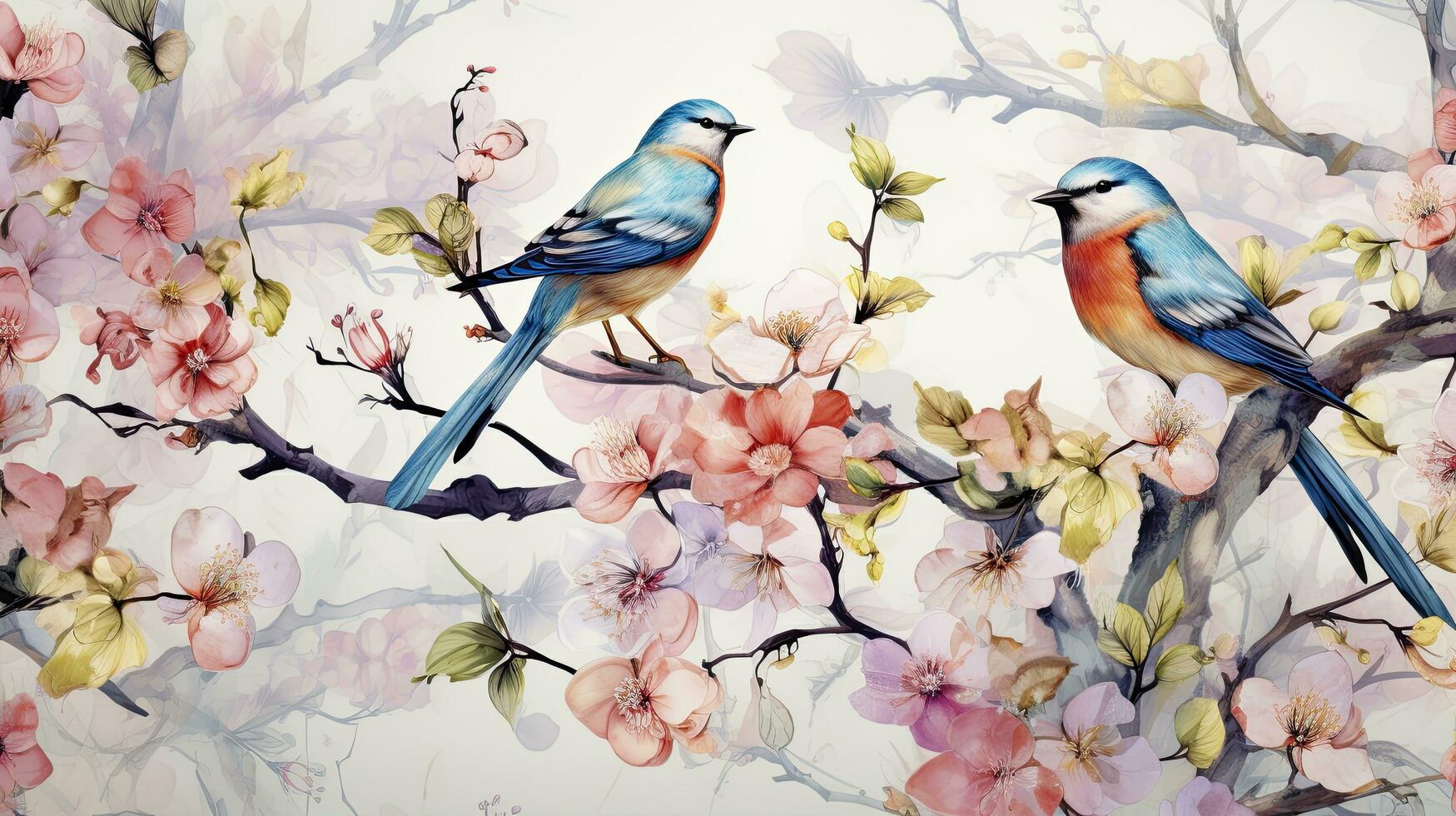 ai generiert Aquarell Gemälde Muster von bunt Vögel Stehen auf Baum Geäst mit Schmetterlinge und schön Blumen im ein harmonisch Farbe foto