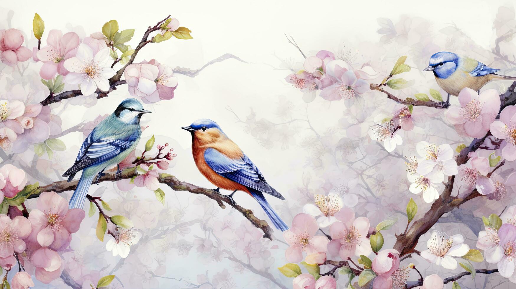 ai generiert Aquarell Gemälde Muster von bunt Vögel Stehen auf Baum Geäst mit Schmetterlinge und schön Blumen im ein harmonisch Farbe foto