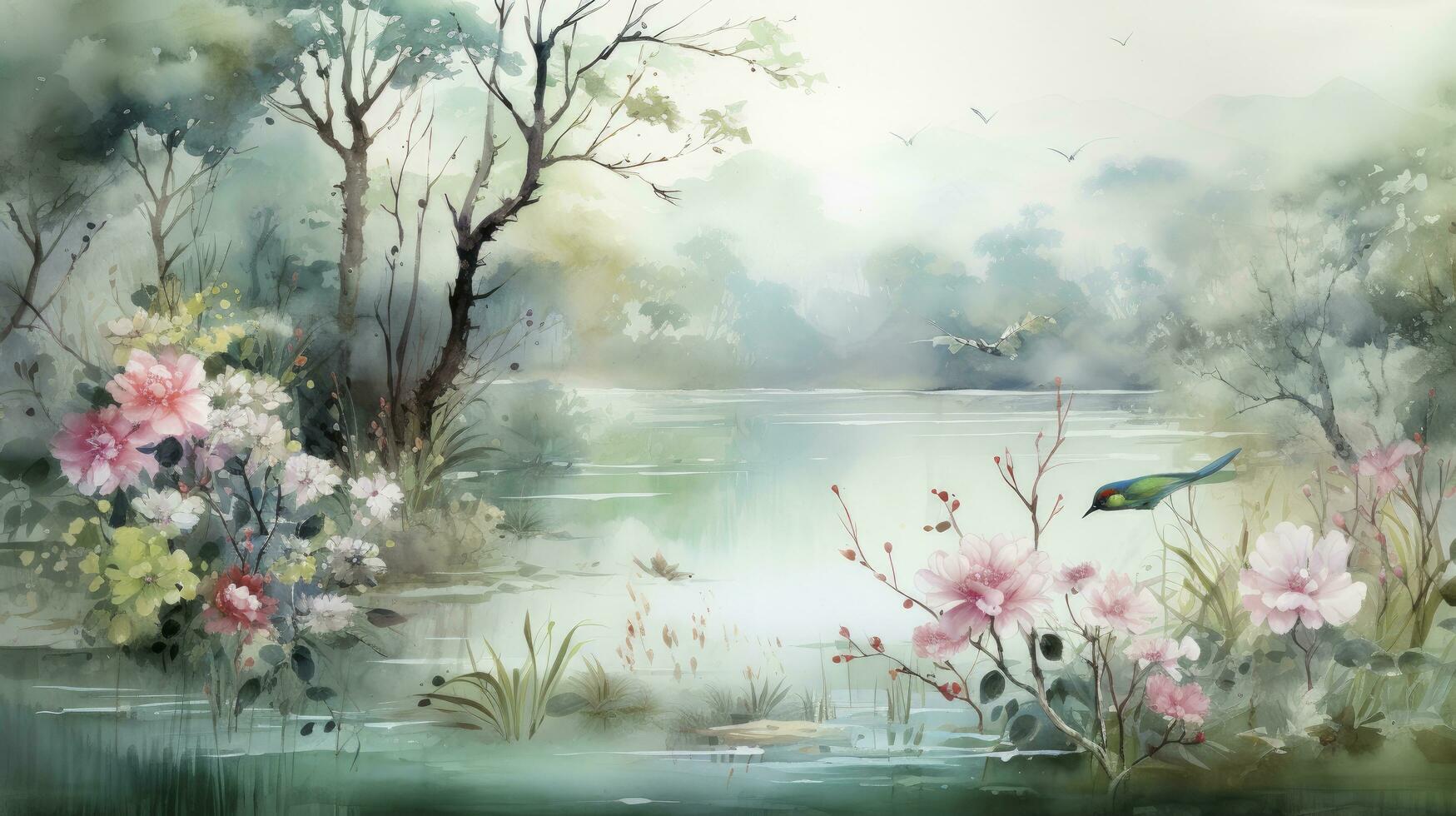 ai generiert Hintergrund mit ein Aquarell Gemälde von ein Wald Landschaft mit ein heiter See, blühend Pflanzen, hoch aufragend Bäume, elegant Rosen, anmutig Vögel, und faszinierend Insekten. foto
