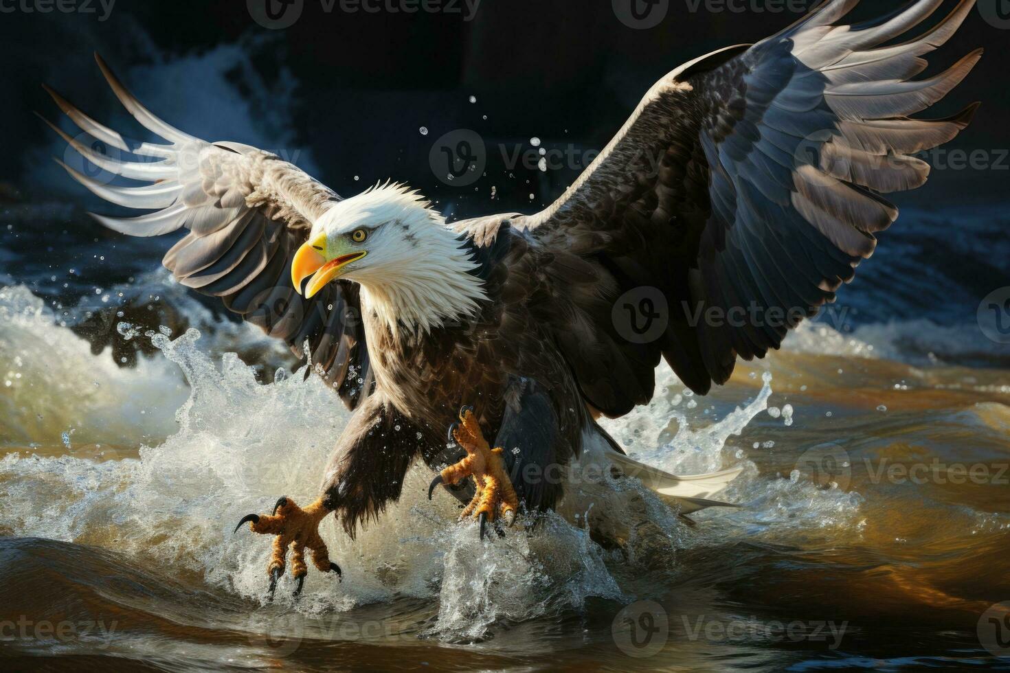 ai generiert schön Meer Foto realistisch Adler fliegend, bereit zum Jagd Fisch generativ ai