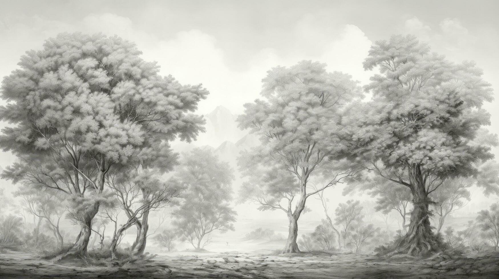 ai generiert Hintergrund Jahrgang Zeichnung Landschaft Wälder von uralt europäisch von Bäume Hintergrund schwarz und Weiß Design zum Hintergrund, Foto Hintergrund, Fresko, Wandgemälde