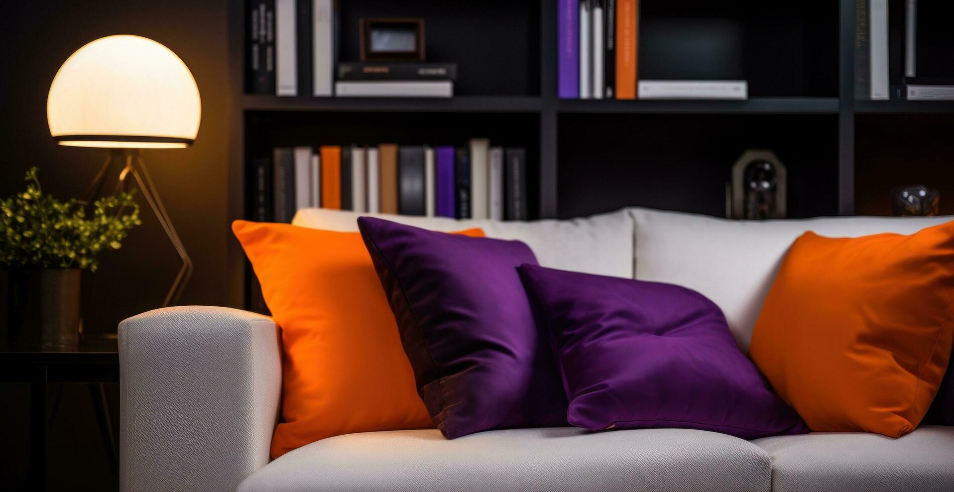 ai generiert Weiß Couch mit lila und dunkel braun Kissen im das Büro Zimmer foto