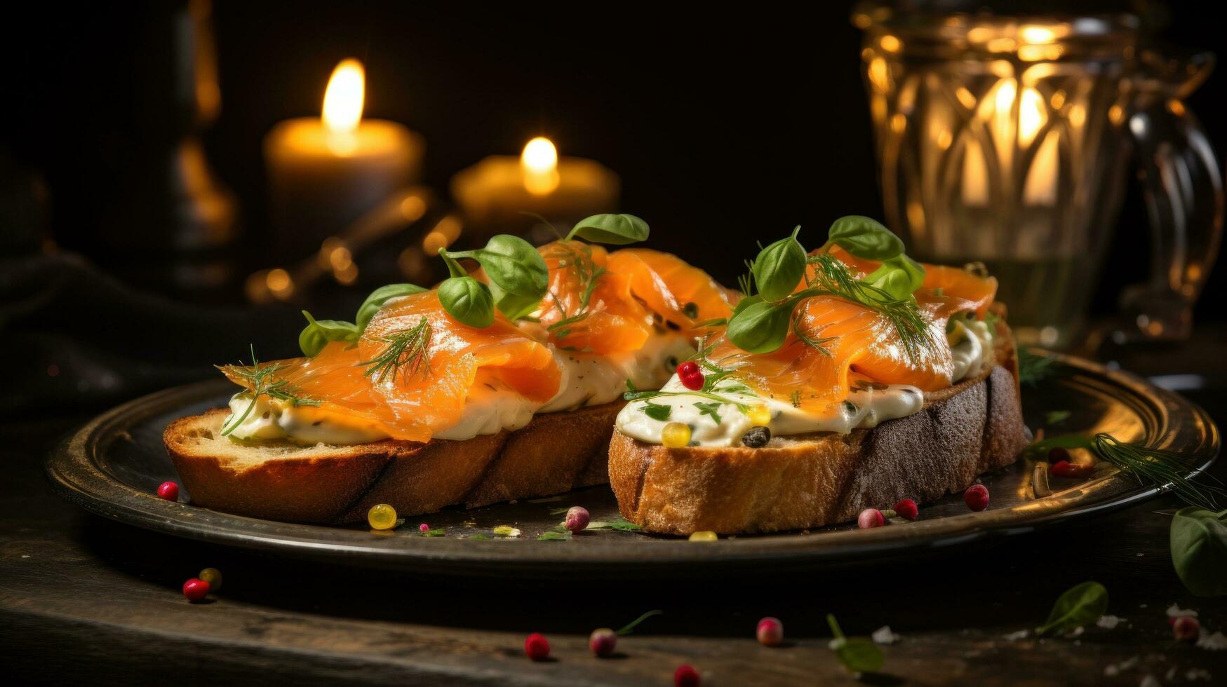 ai generiert Lachs und Kraut Bruschetta führen Fisch Spezialist foto