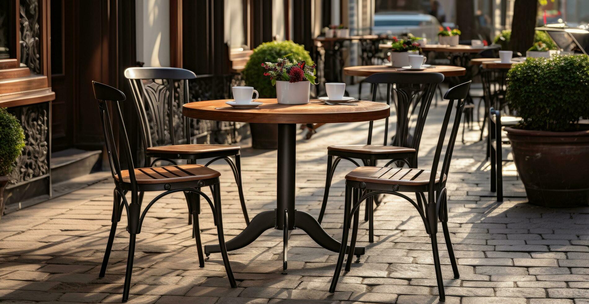 ai generiert ein Bürgersteig mit drei Cafe Tabellen und Stühle auf ein Terrasse foto