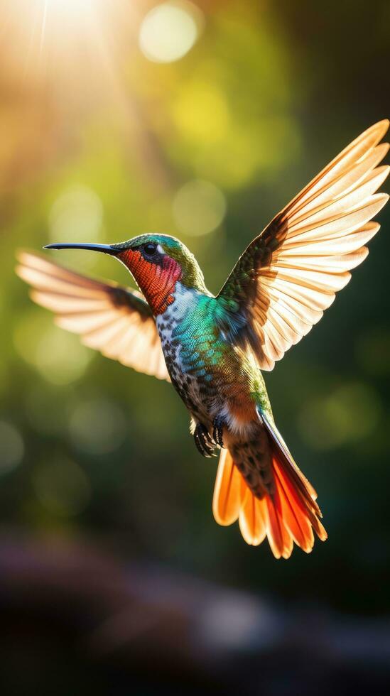 ai generiert ein beschwingt Kolibri schweben im in der Luft, es ist irisierend Gefieder glänzend im das Sonnenlicht foto