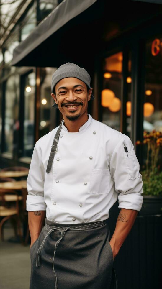 ai generiert Koch Stehen stolz im Vorderseite von ein Restaurant, tragen seine Koch Jacke und ein groß Lächeln foto