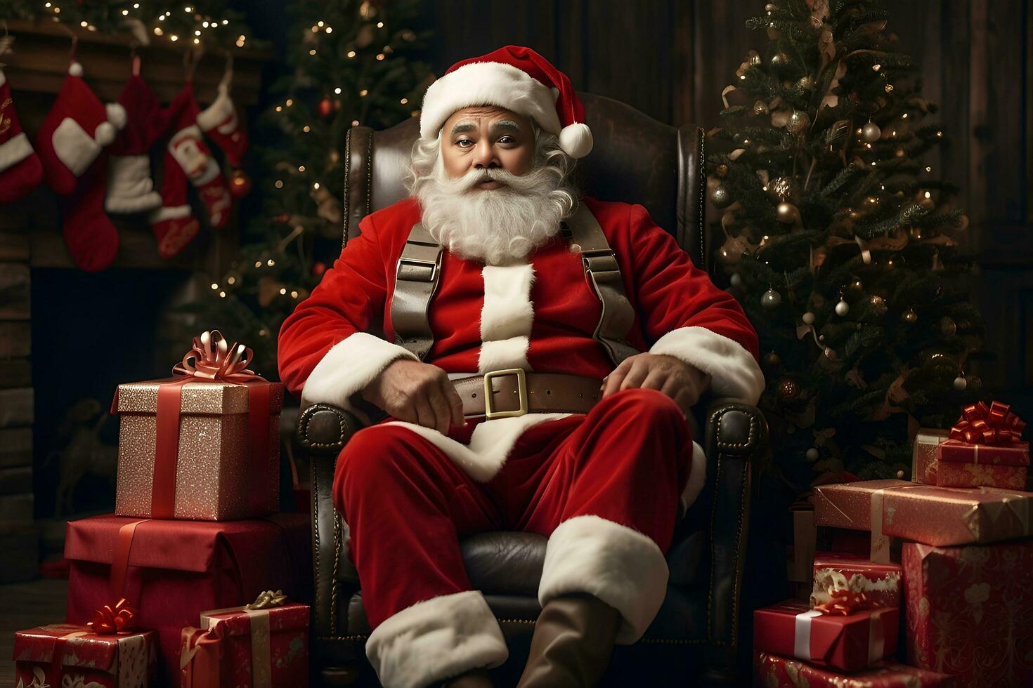 ai generiert Santa claus Sitzung im ein Stuhl mit ein Tasche von die Geschenke foto