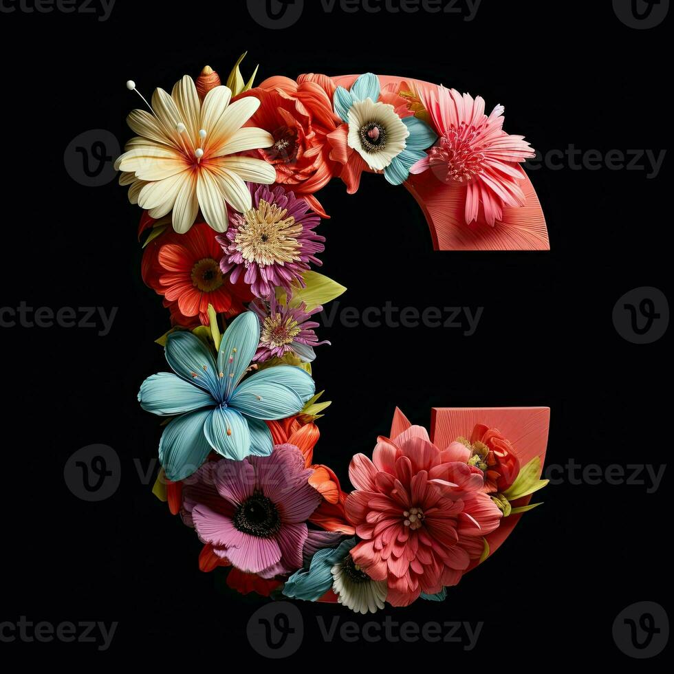 ai generiert Blumen- Typografie Brief c. Blume Schriftart zum Dekoration. generativ ai Illustration zum Hochzeiten foto