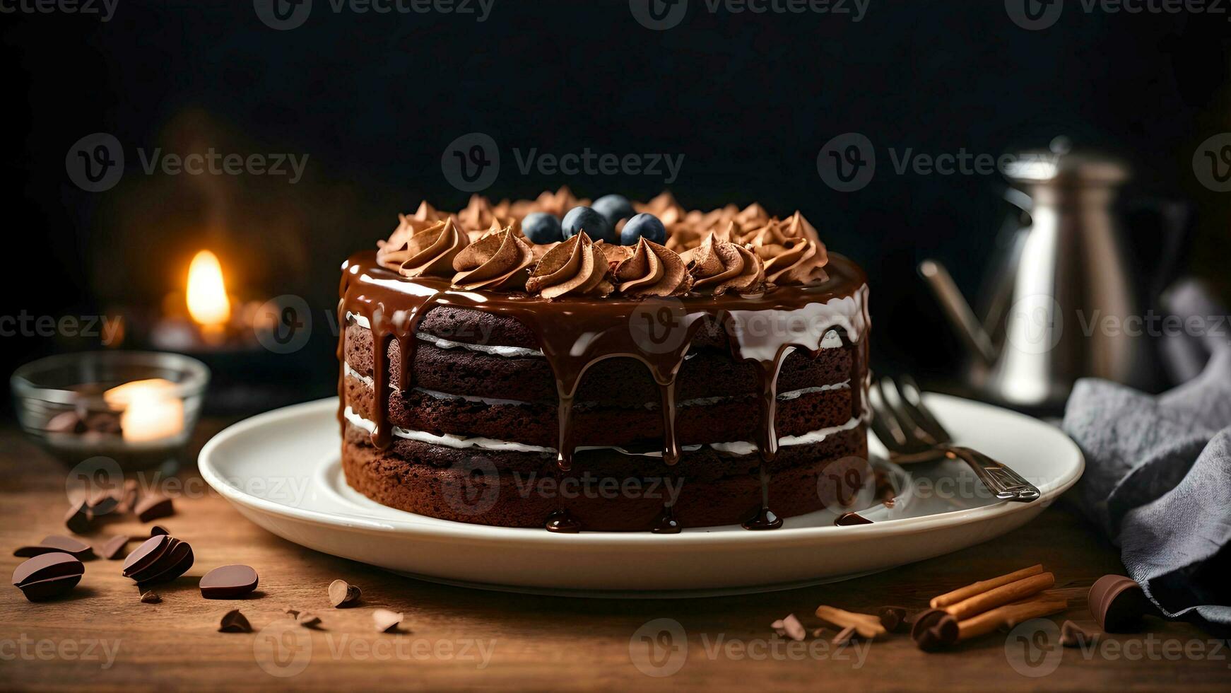 ai generiert Schokolade Kuchen mit Sahne und Blaubeeren auf hölzern Tabelle gegen dunkel Hintergrund foto