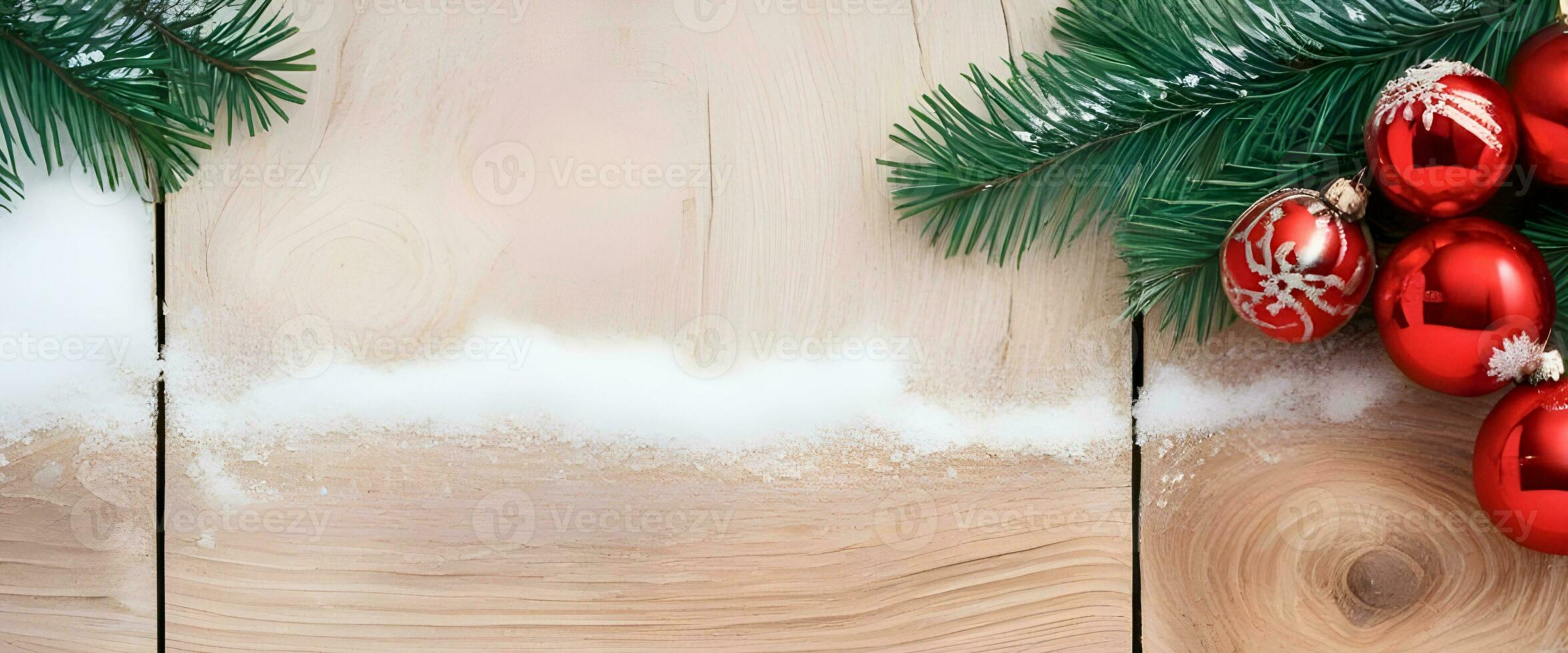 ai generiert Weihnachten Hintergrund mit Tanne Baum Geäst, rot Bälle und Schnee dekoriert auf hölzern Tafel foto