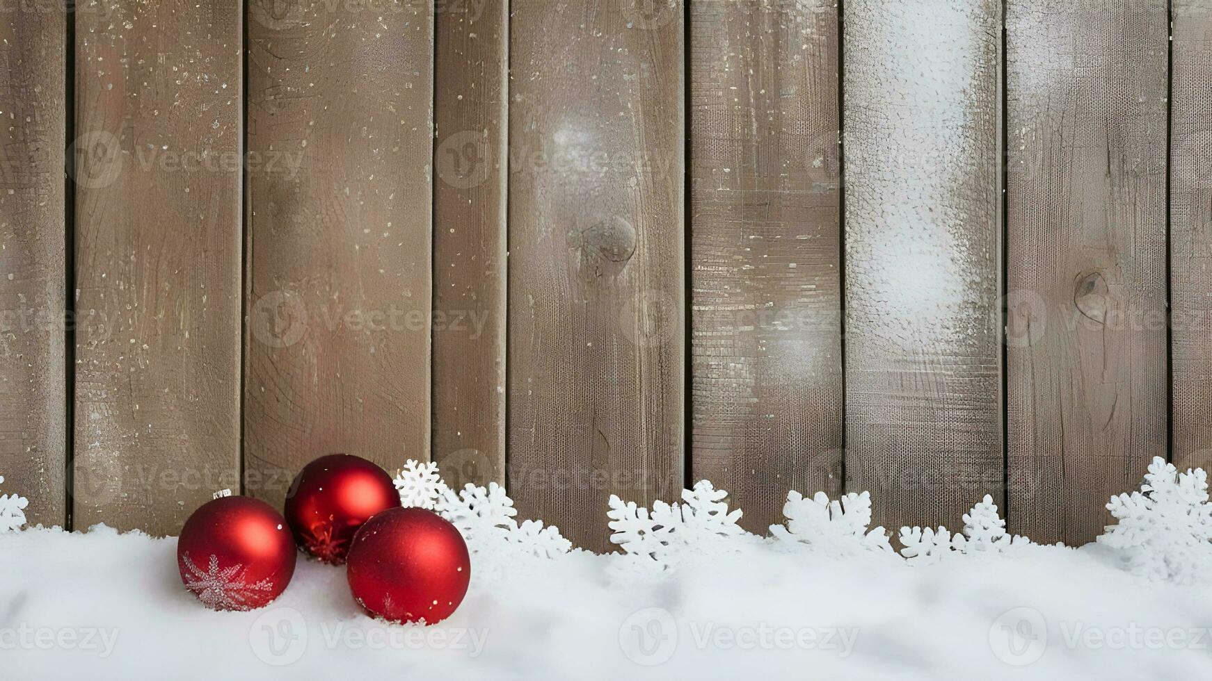 ai generiert rot Weihnachten Kugeln auf Schnee gegen hölzern Bretter Hintergrund. Illustration mit Kopieren Raum zum Design. Weihnachten und Neu Jahr Thema foto