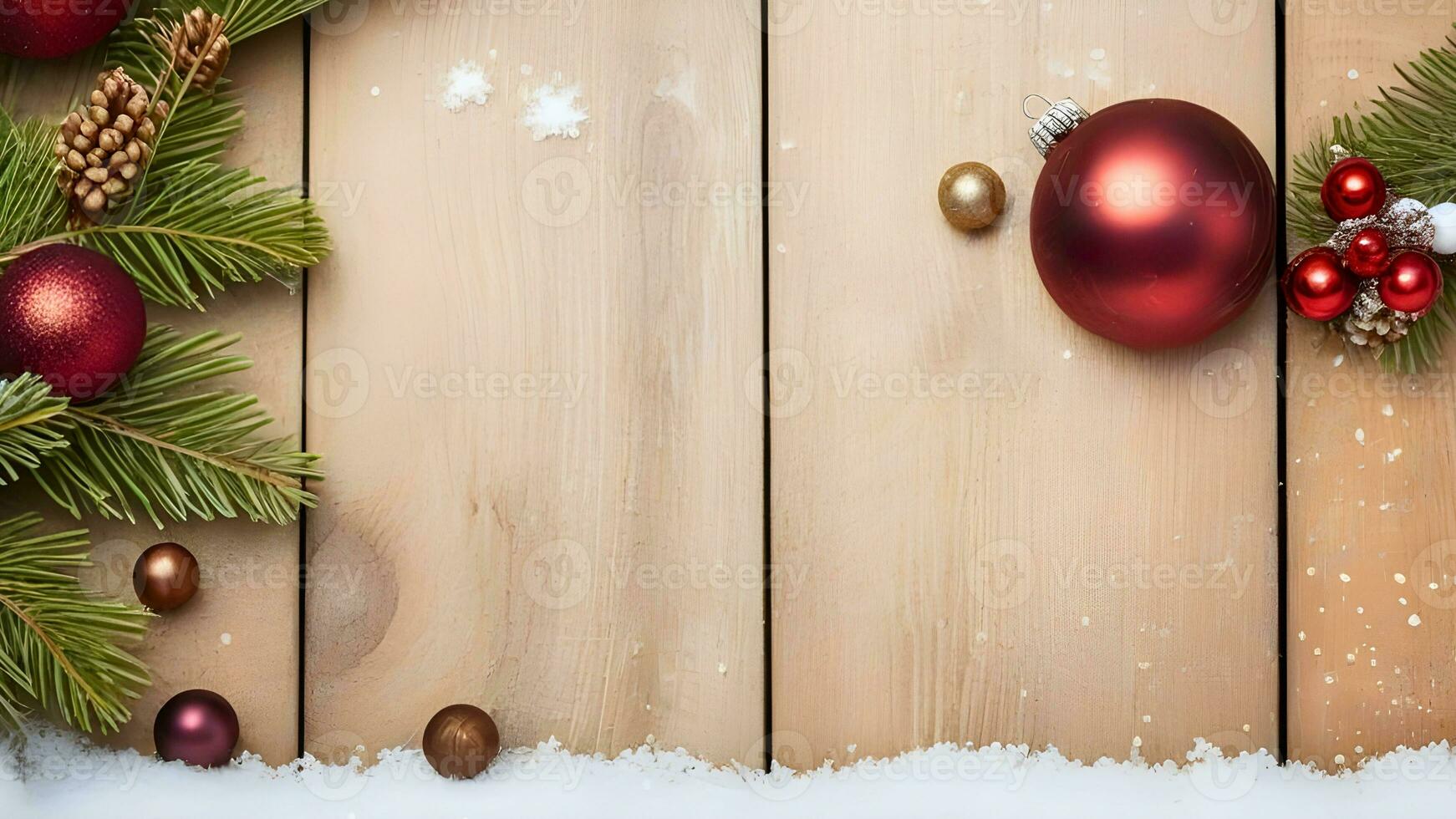 ai generiert Weihnachten Dekoration auf hölzern Hintergrund mit Tanne Geäst, rot Ball, Schnee und Kopieren Raum foto