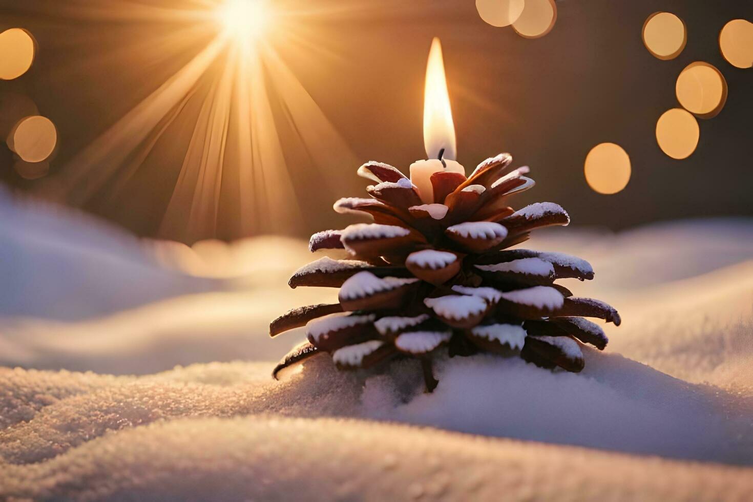 ai generiert ein Kiefer Kegel mit ein Kerze im das Schnee foto