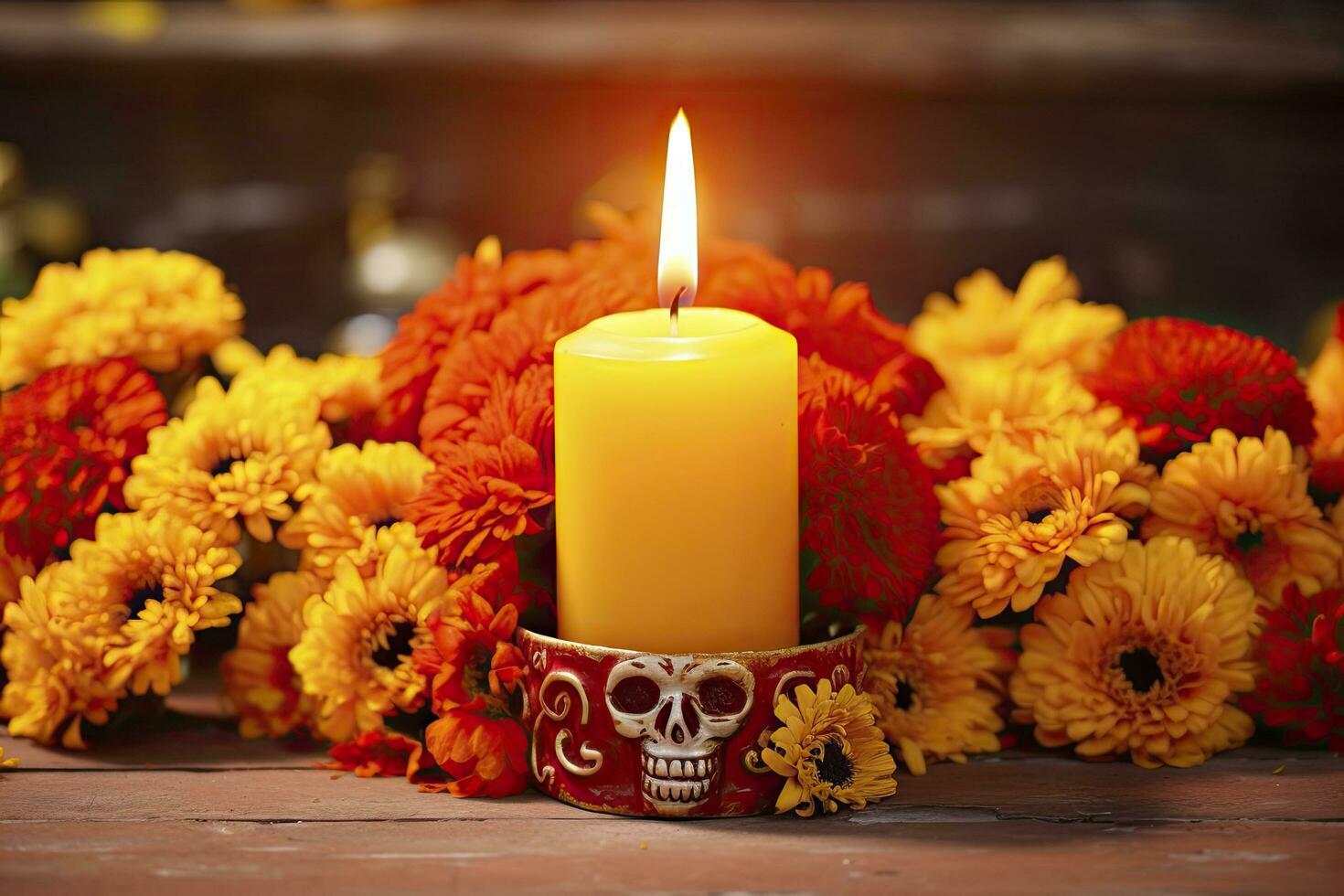 ai generiert Kerzen und Ringelblume Blumen. Tag von das tot Konzept dia de los Muertos. ai generiert foto