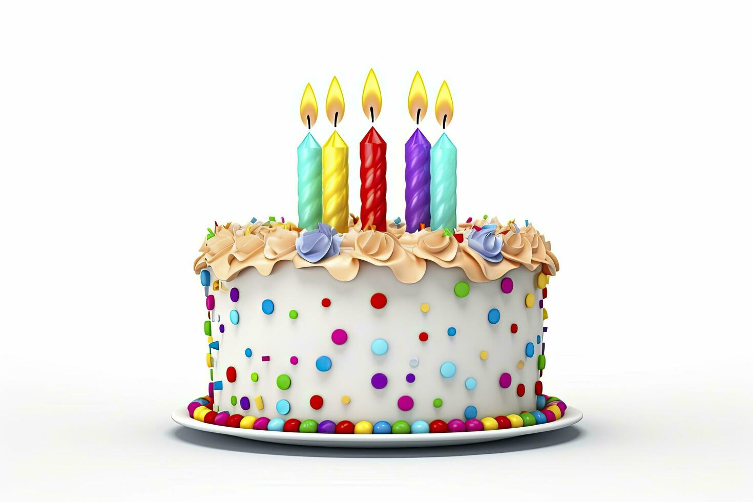ai generiert bunt Geburtstag Kuchen mit Kerzen isoliert auf Weiß Hintergrund. ai generiert foto